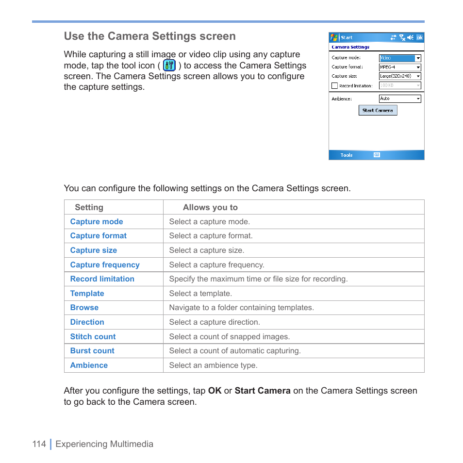 Use the camera settings screen | UTStarcom PPC-6700 User Manual | Page 115 / 149