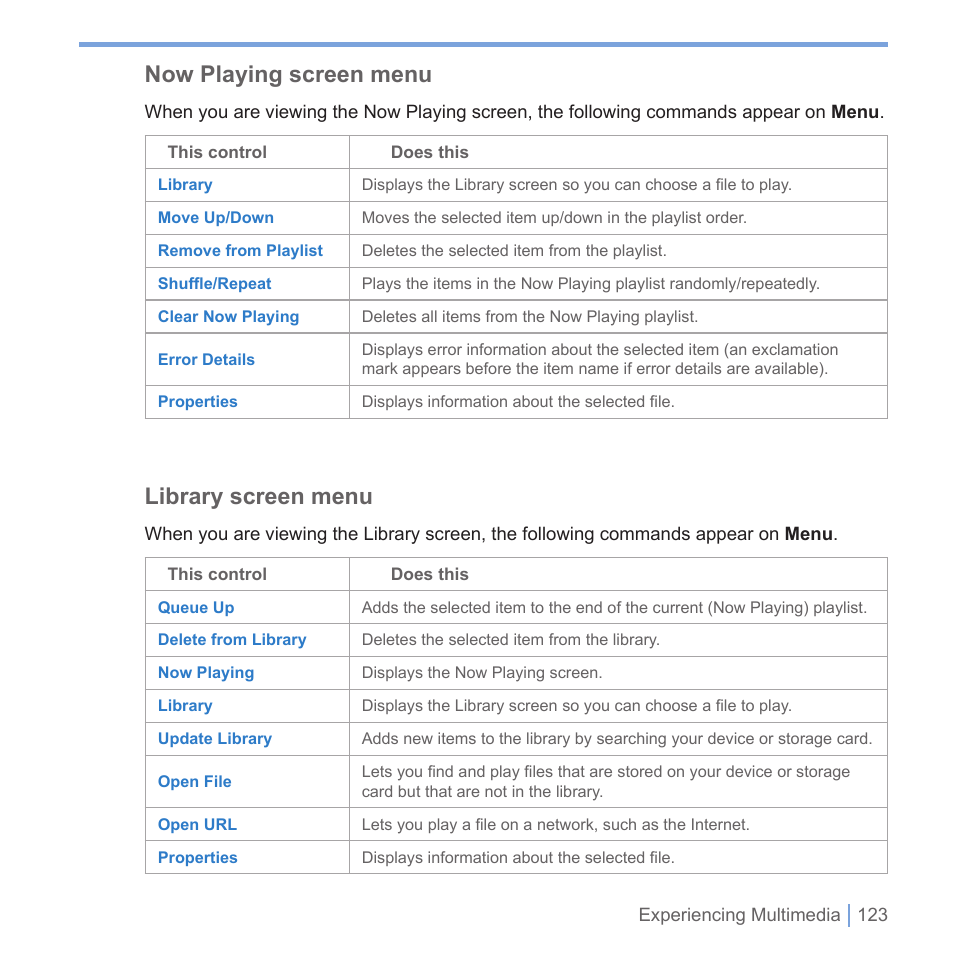 Now playing screen menu, Library screen menu | UTStarcom PPC-6700 User Manual | Page 124 / 149