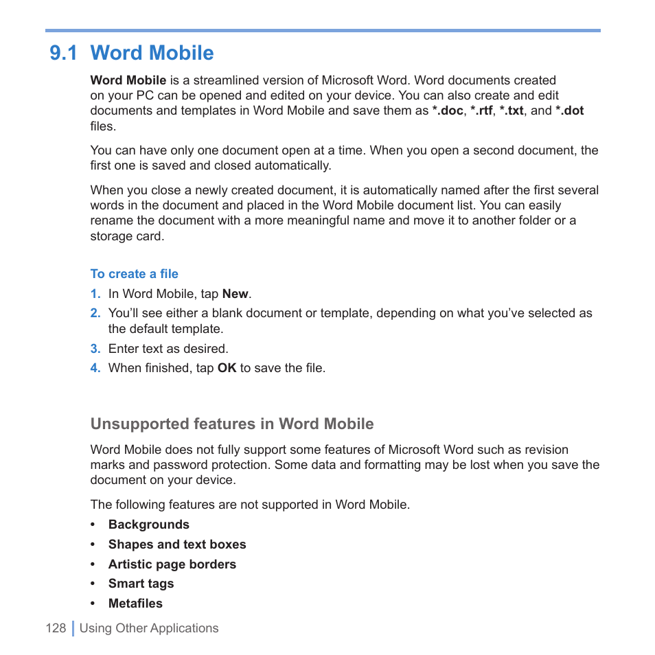 1 getting to know your device and its accessories, Word mobile, 1 word mobile | Unsupported features in word mobile | UTStarcom PPC-6700 User Manual | Page 129 / 149