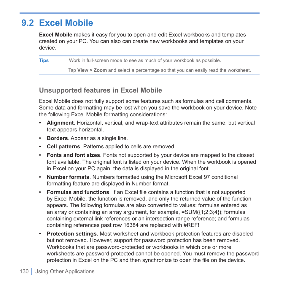 2 excel mobile, Unsupported features in excel mobile | UTStarcom PPC-6700 User Manual | Page 131 / 149