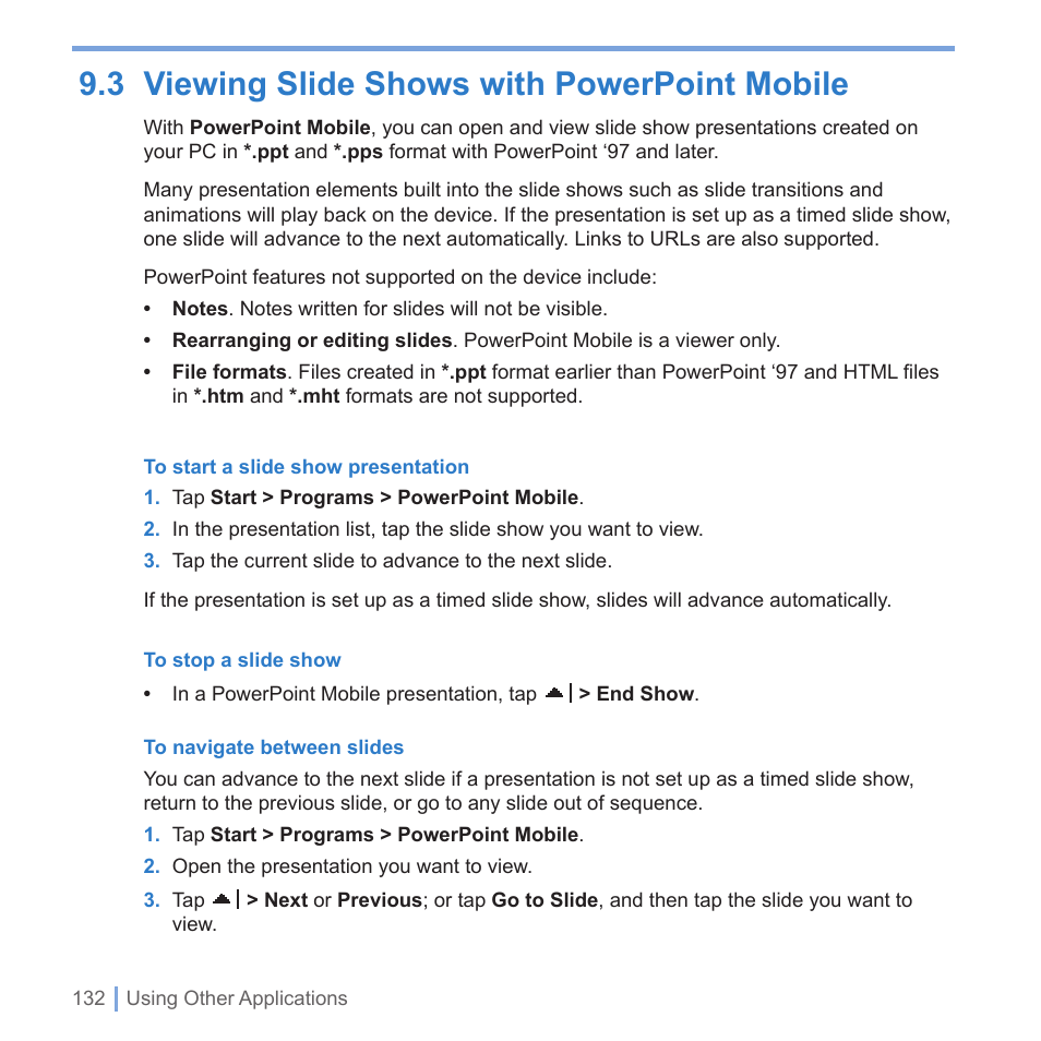 3 viewing slide shows with powerpoint mobile | UTStarcom PPC-6700 User Manual | Page 133 / 149