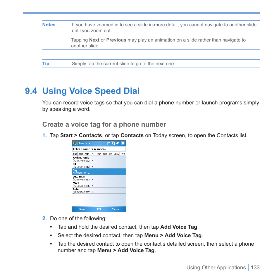 4 using voice speed dial, Create a voice tag for a phone number | UTStarcom PPC-6700 User Manual | Page 134 / 149