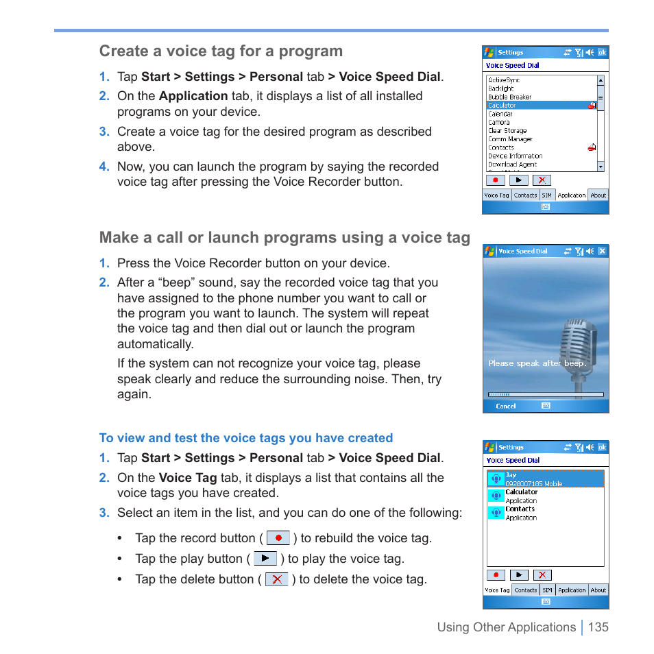 Create a voice tag for a program, Make a call or launch programs using a voice tag | UTStarcom PPC-6700 User Manual | Page 136 / 149