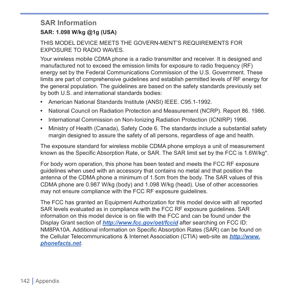 Sar information | UTStarcom PPC-6700 User Manual | Page 143 / 149