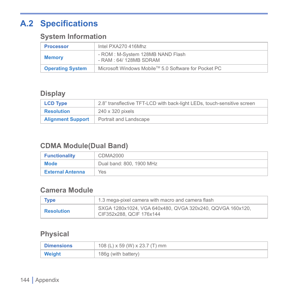 A.2 specifications, System information, Display | Cdma module(dual band), Camera module, Physical | UTStarcom PPC-6700 User Manual | Page 145 / 149