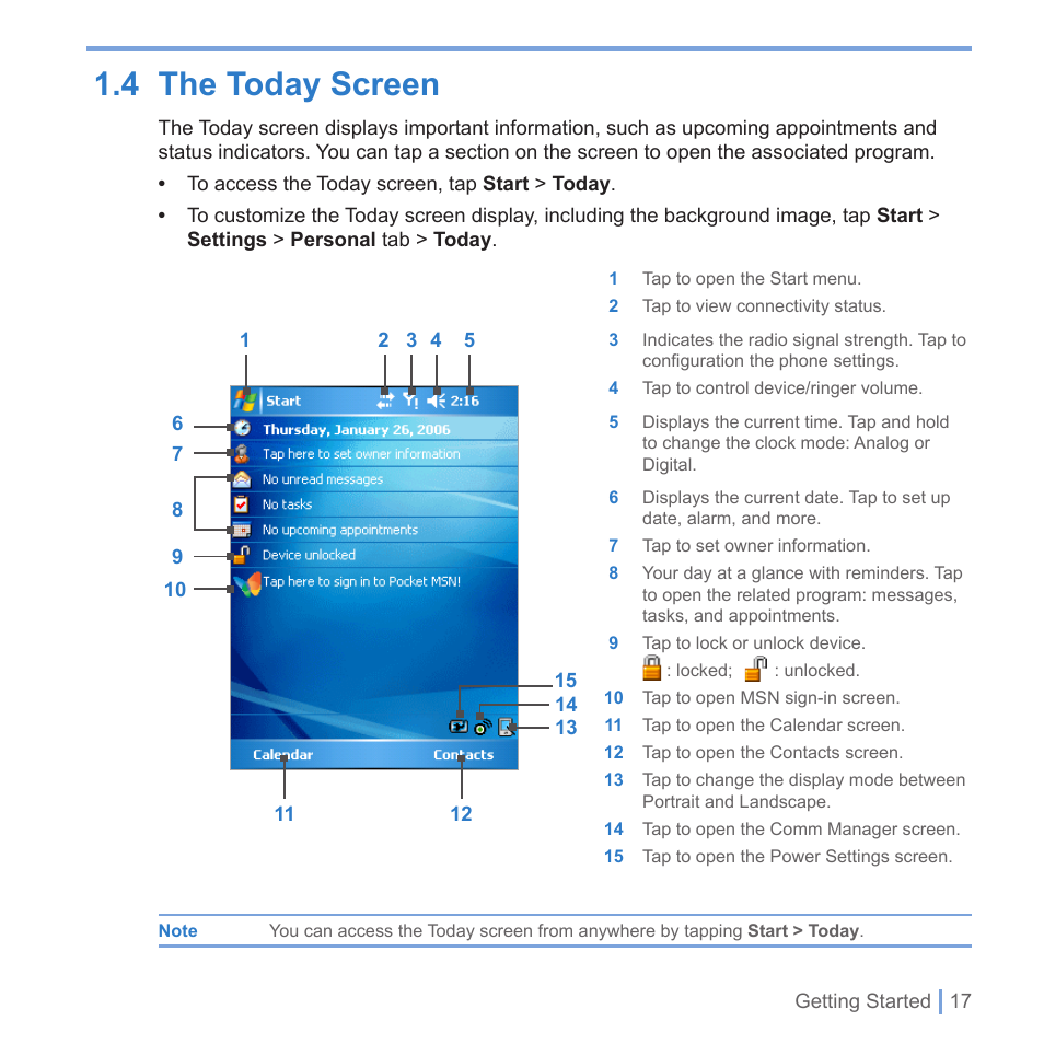 4 the today screen | UTStarcom PPC-6700 User Manual | Page 18 / 149