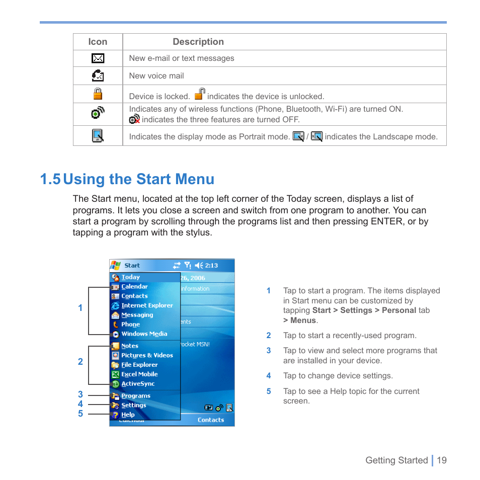 5 using the start menu | UTStarcom PPC-6700 User Manual | Page 20 / 149