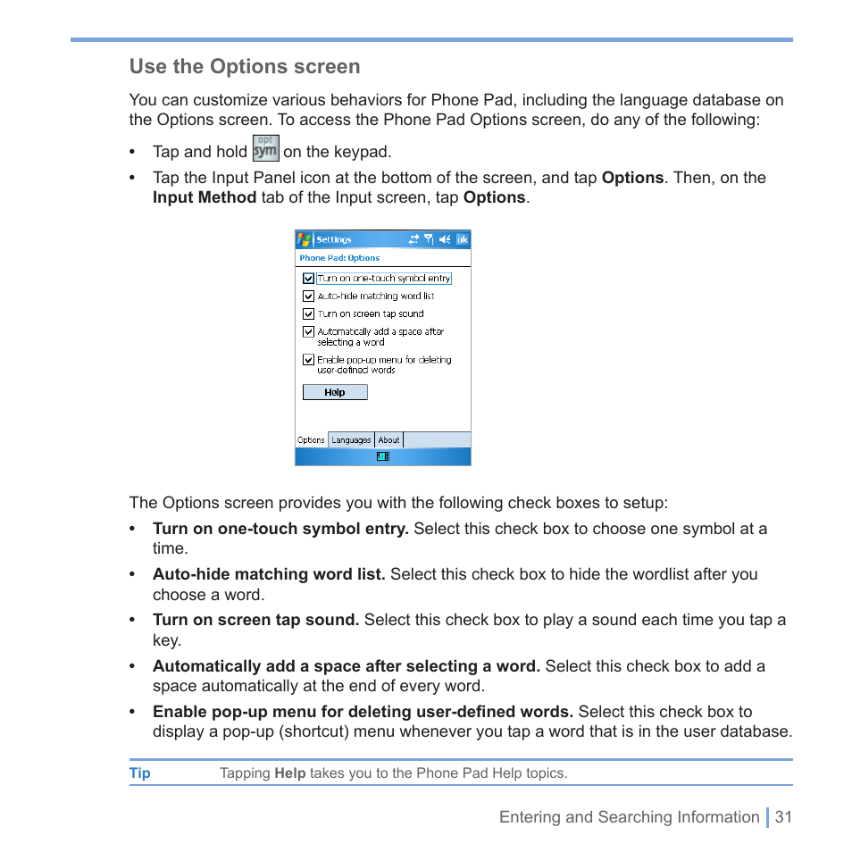 Use the options screen | UTStarcom PPC-6700 User Manual | Page 32 / 149