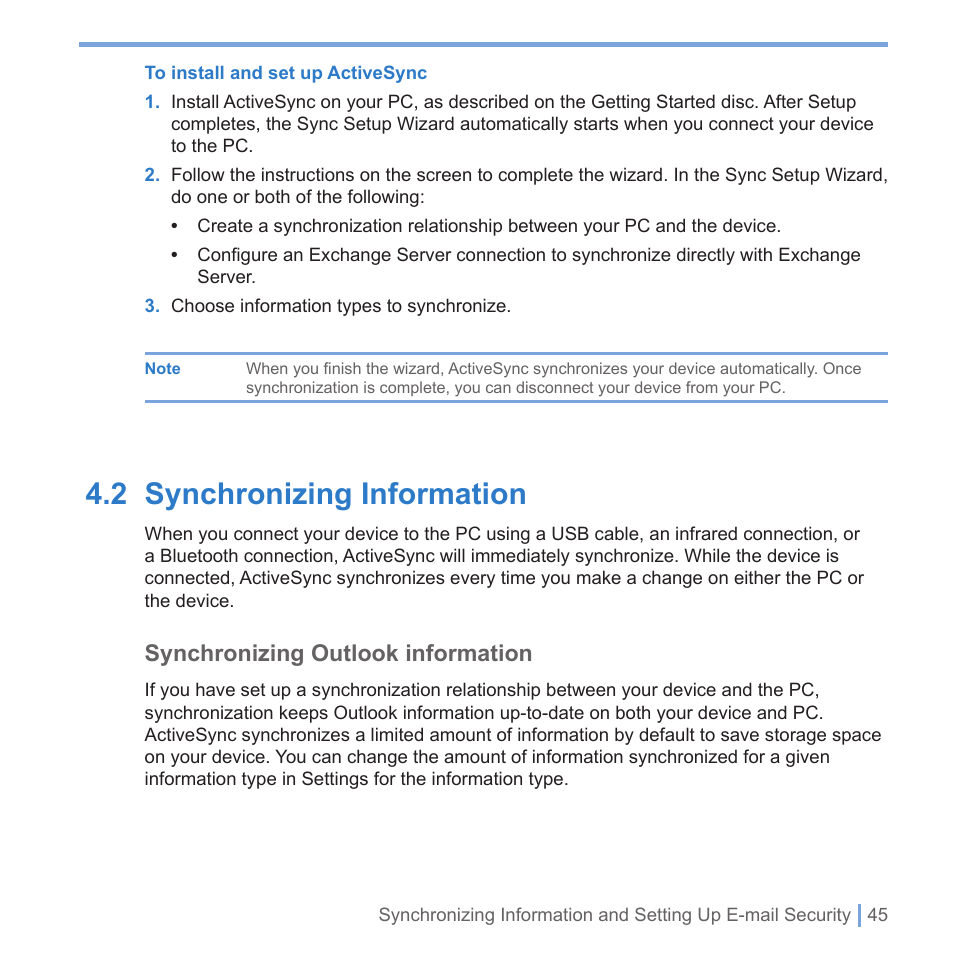 2 synchronizing information, Synchronizing outlook information | UTStarcom PPC-6700 User Manual | Page 46 / 149