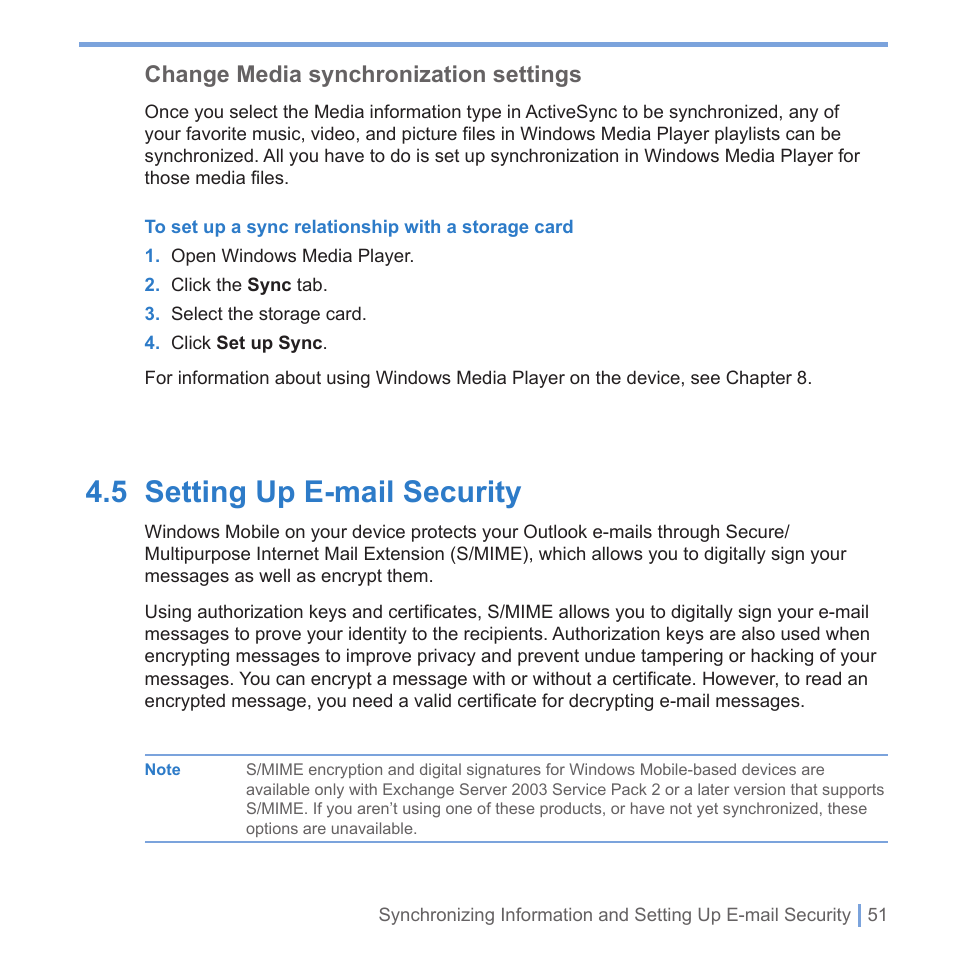 5 setting up e-mail security, Change media synchronization settings | UTStarcom PPC-6700 User Manual | Page 52 / 149