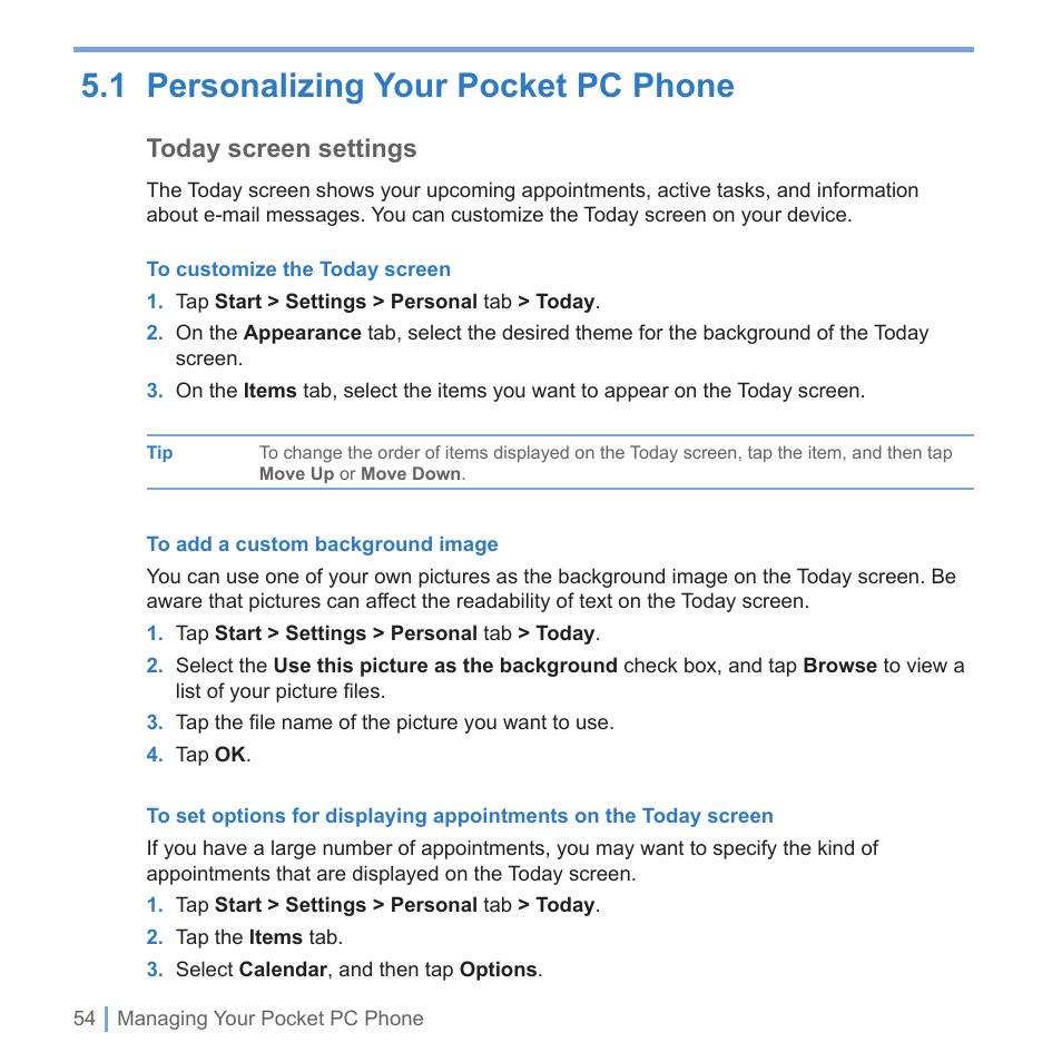 1 getting to know your device and its accessories, 1 personalizing your pocket pc phone, Today screen settings | UTStarcom PPC-6700 User Manual | Page 55 / 149