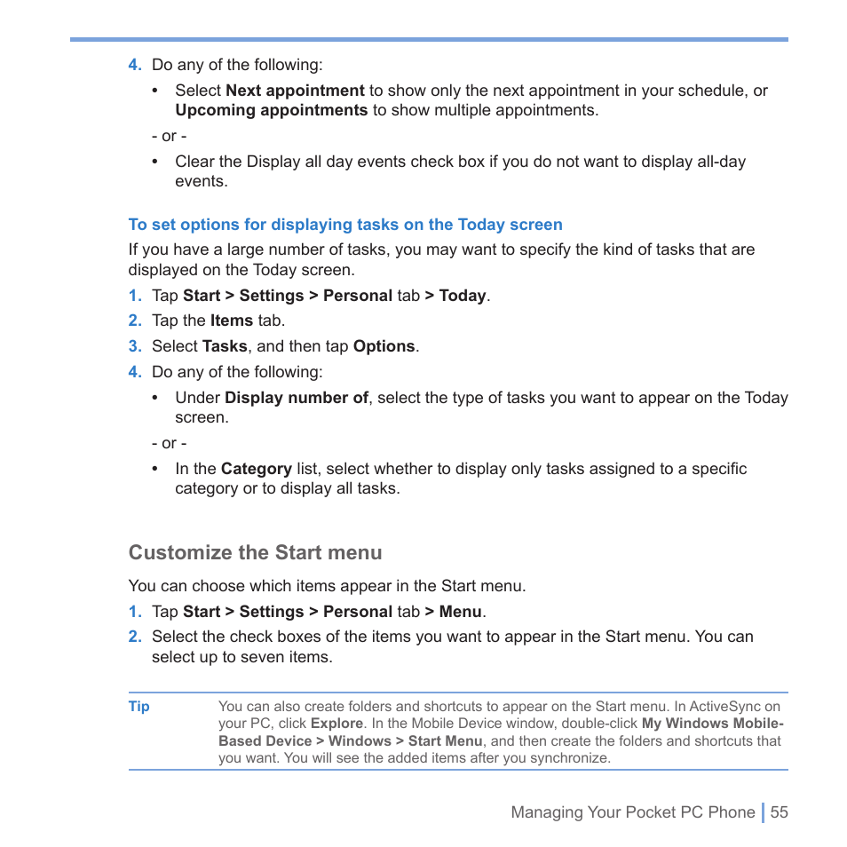 Customize the start menu | UTStarcom PPC-6700 User Manual | Page 56 / 149