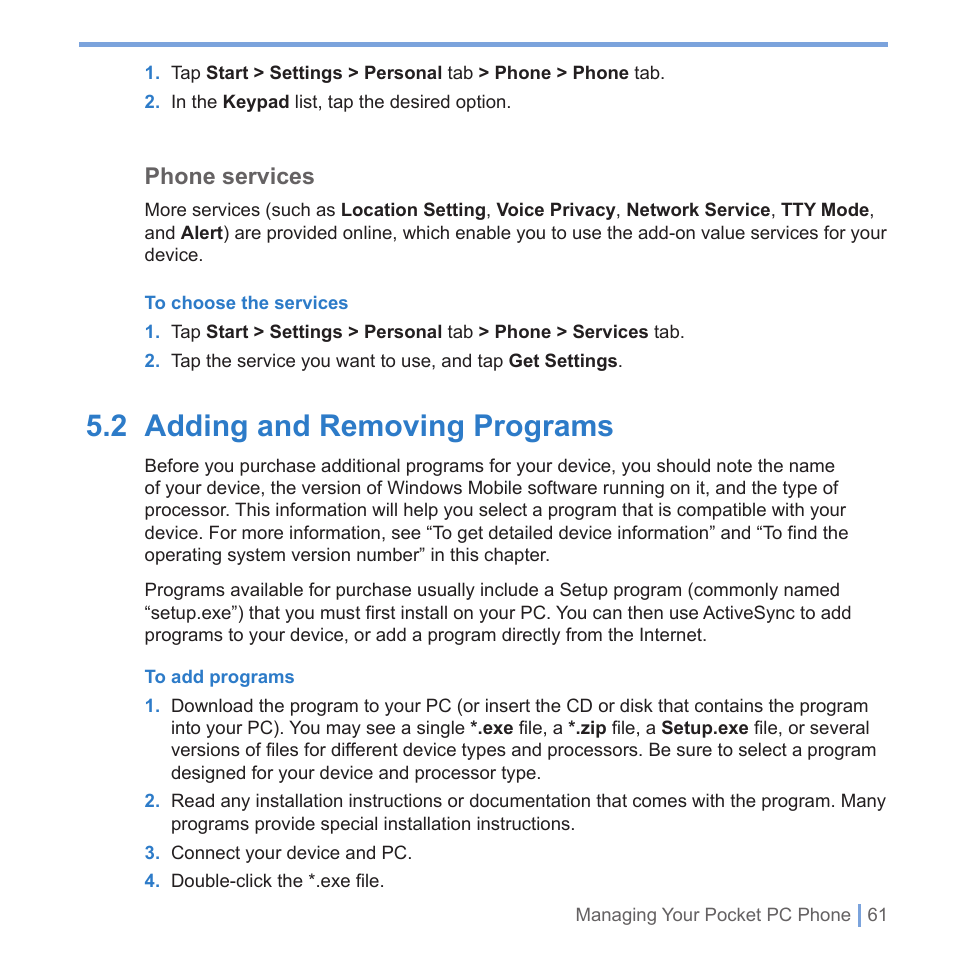 2 adding and removing programs, Phone services | UTStarcom PPC-6700 User Manual | Page 62 / 149