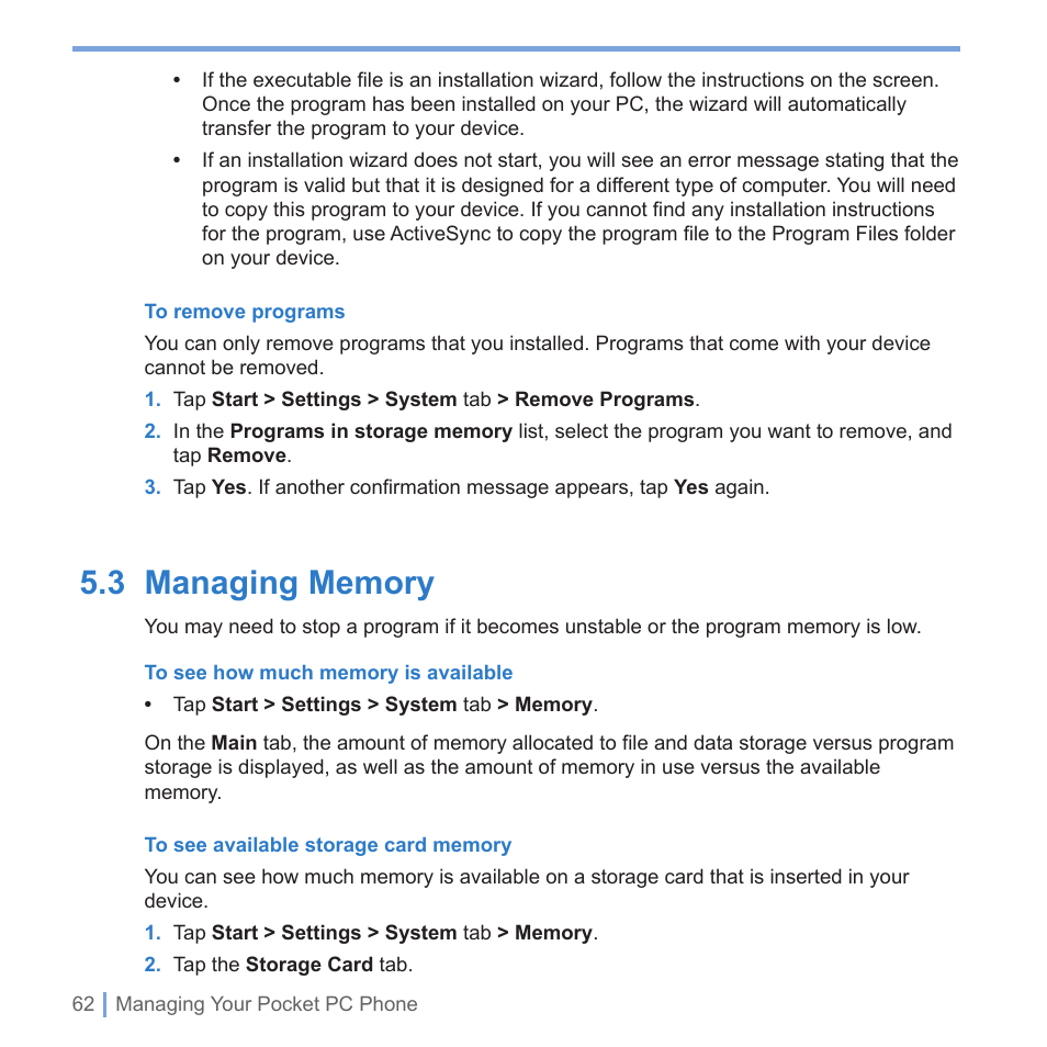 3 managing memory | UTStarcom PPC-6700 User Manual | Page 63 / 149