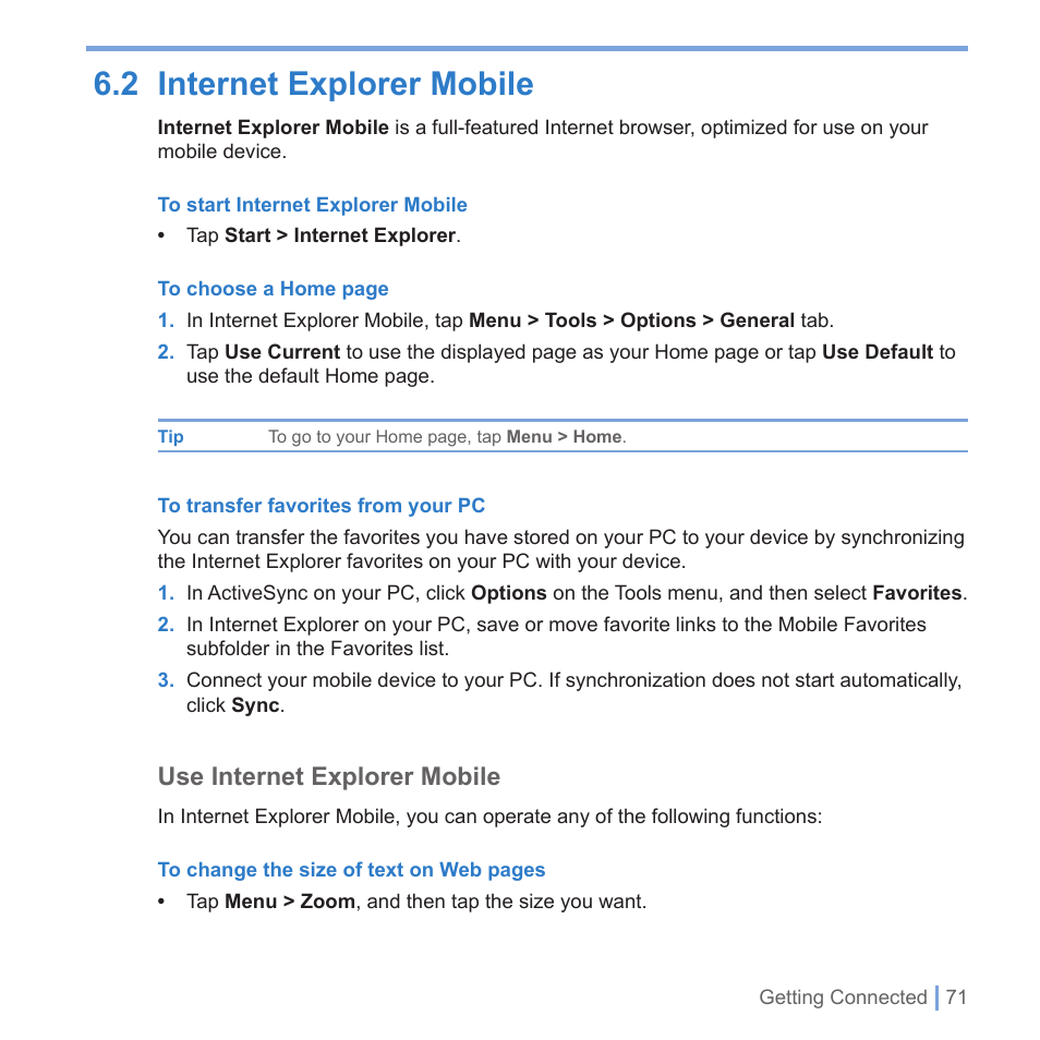 2 internet explorer mobile, Use internet explorer mobile | UTStarcom PPC-6700 User Manual | Page 72 / 149