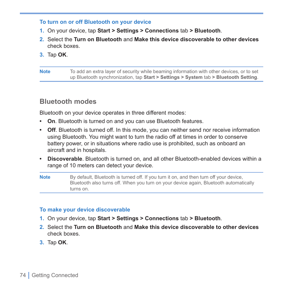 Bluetooth modes | UTStarcom PPC-6700 User Manual | Page 75 / 149