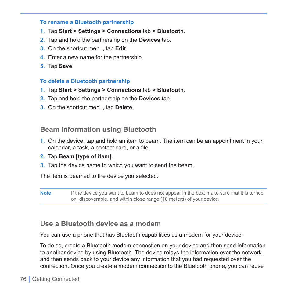 Beam information using bluetooth, Use a bluetooth device as a modem | UTStarcom PPC-6700 User Manual | Page 77 / 149