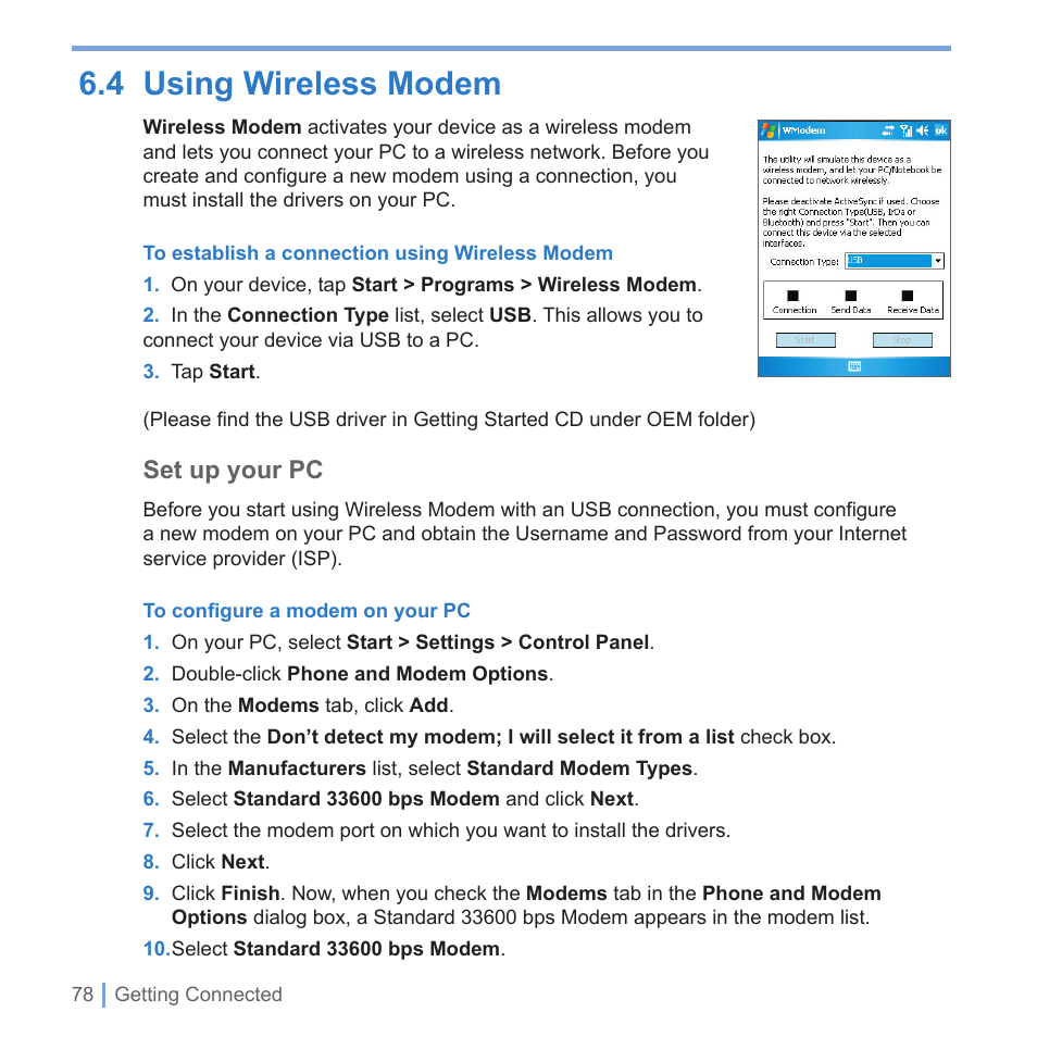4 using wireless modem, Set up your pc | UTStarcom PPC-6700 User Manual | Page 79 / 149