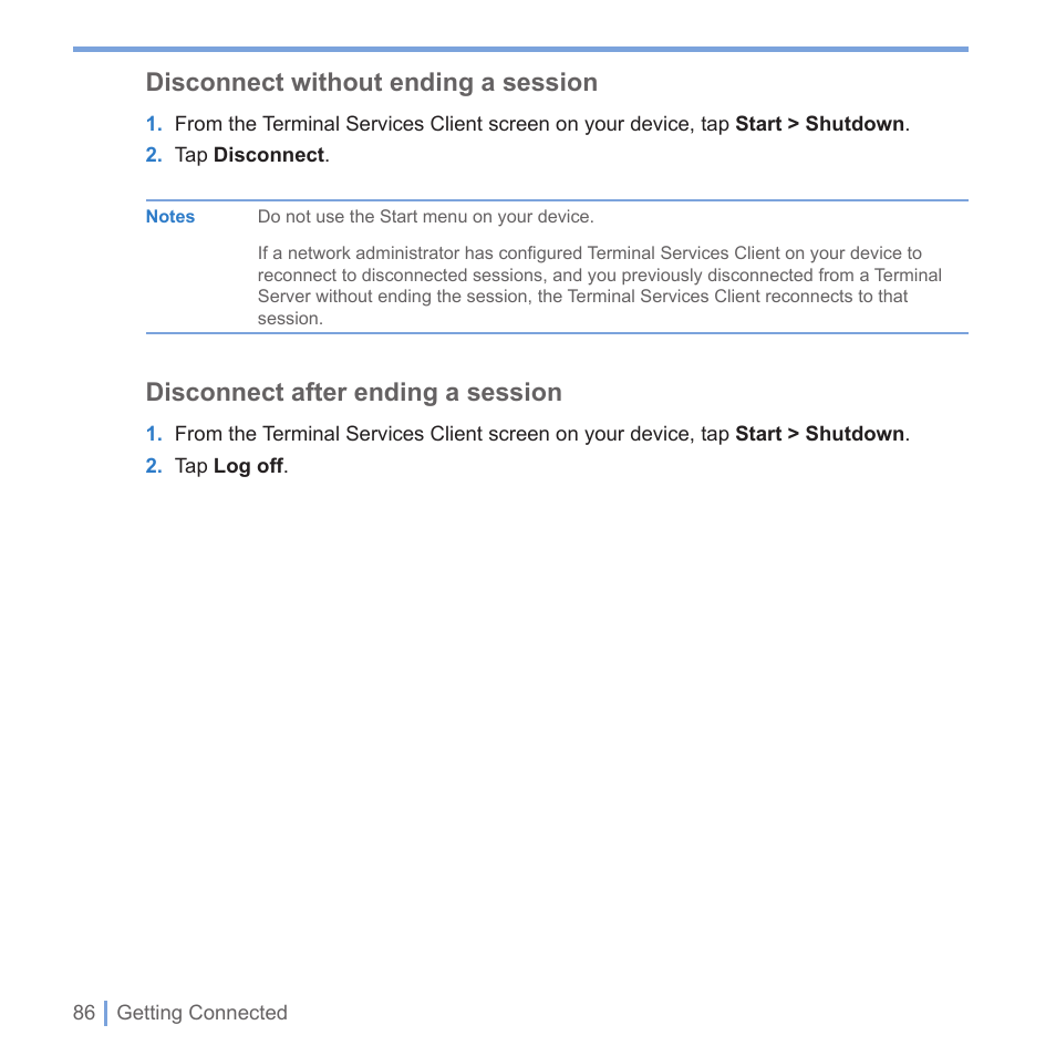 Disconnect without ending a session, Disconnect after ending a session | UTStarcom PPC-6700 User Manual | Page 87 / 149