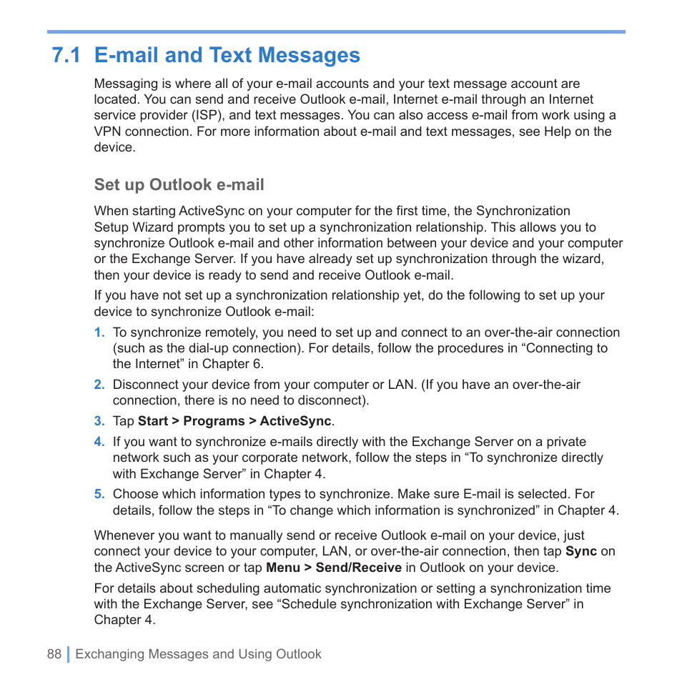 1 getting to know your device and its accessories, 1 e-mail and text messages, Set up outlook e-mail | UTStarcom PPC-6700 User Manual | Page 89 / 149