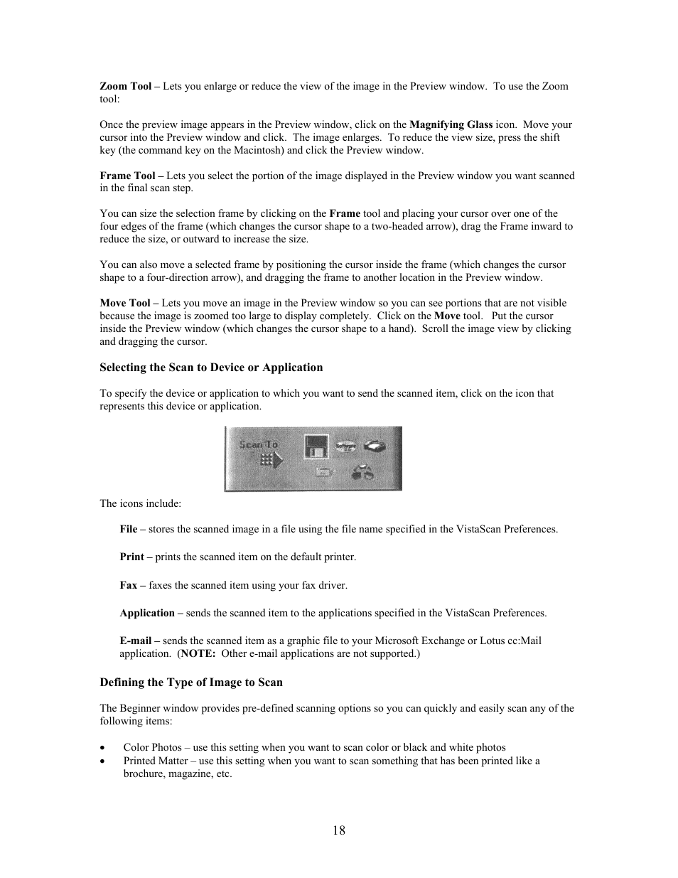 Selecting the scan to device or application, Defining the type of image to scan | UMAX Technologies Astra 3400 User Manual | Page 18 / 57