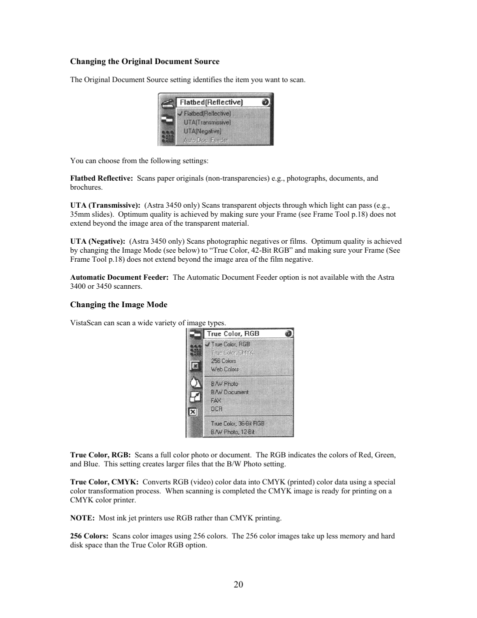 Changing the original document source, Changing the image mode | UMAX Technologies Astra 3400 User Manual | Page 20 / 57