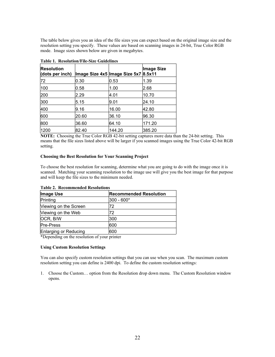 Table 1. resolution/file-size guidelines, Table 2. recommended resolutions, Using custom resolution settings | UMAX Technologies Astra 3400 User Manual | Page 22 / 57