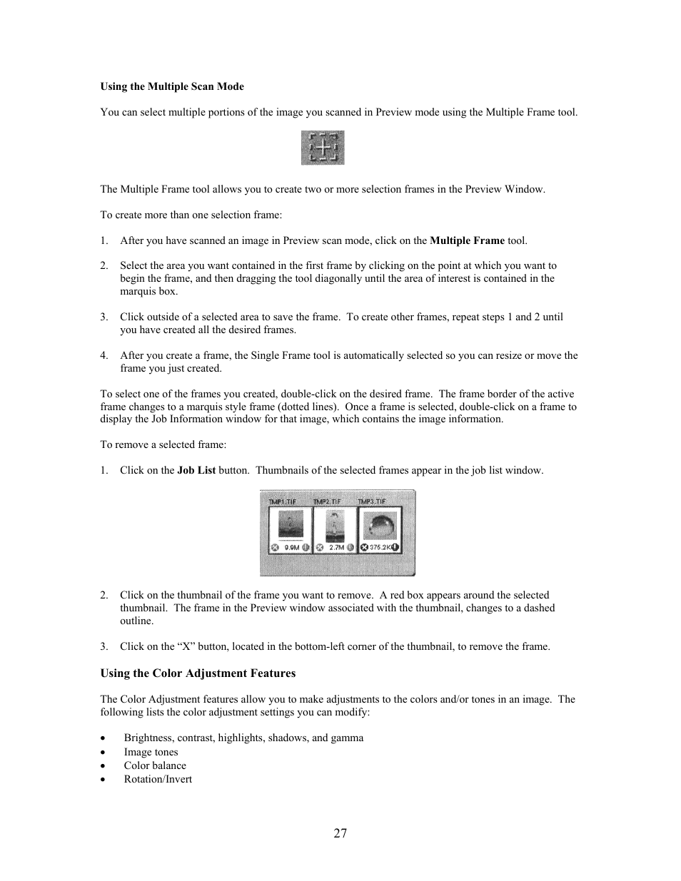 Using the multiple scan mode, Using the color adjustment features | UMAX Technologies Astra 3400 User Manual | Page 27 / 57