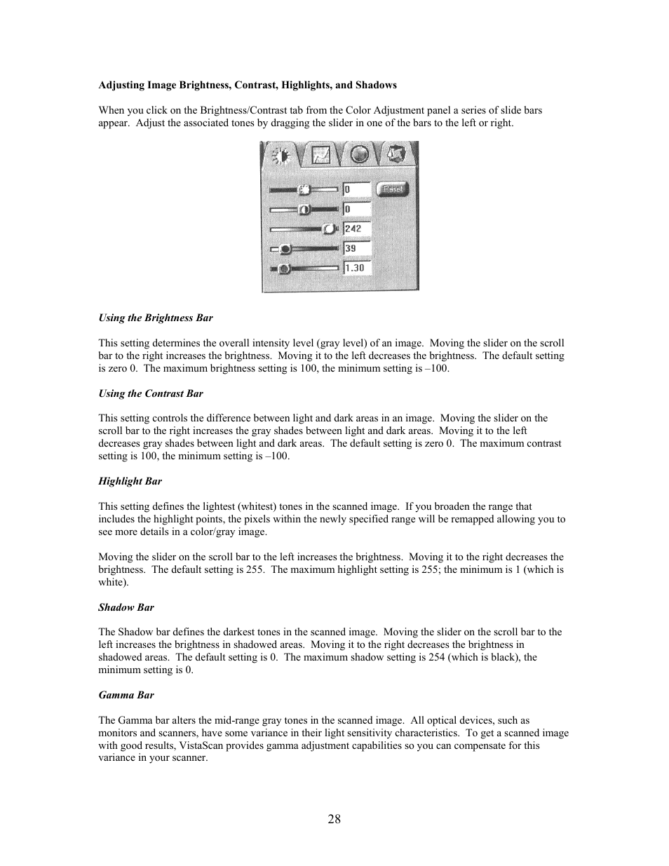 Using the brightness bar, Using the contrast bar, Highlight bar | Shadow bar, Gamma bar | UMAX Technologies Astra 3400 User Manual | Page 28 / 57