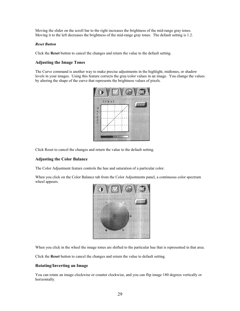Reset button, Adjusting the image tones, Adjusting the color balance | Rotating/inverting an image | UMAX Technologies Astra 3400 User Manual | Page 29 / 57