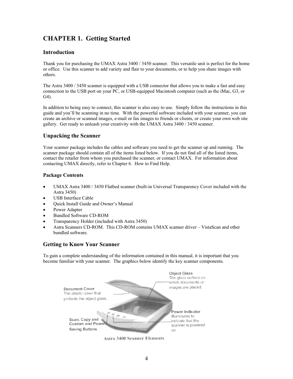 Chapter 1. getting started, Introduction, Unpacking the scanner | Package contents, Getting to know your scanner | UMAX Technologies Astra 3400 User Manual | Page 4 / 57