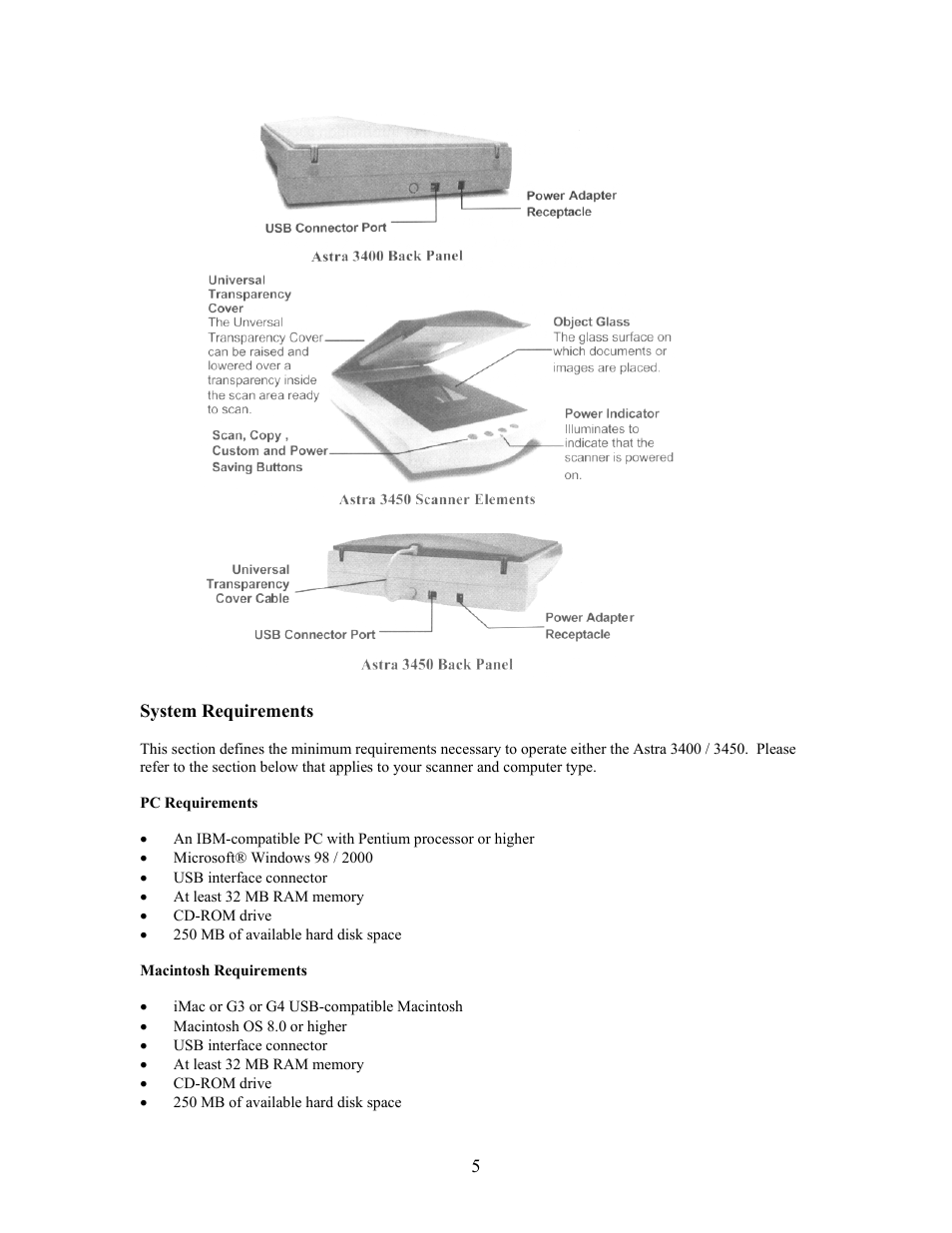 System requirements, Pc requirements, Macintosh requirements | UMAX Technologies Astra 3400 User Manual | Page 5 / 57