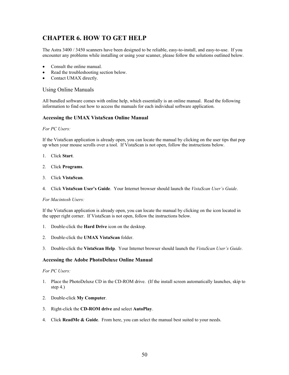 Chapter 6. how to get help, Accessing the umax vistascan online manual, Accessing the adobe photodeluxe online manual | UMAX Technologies Astra 3400 User Manual | Page 50 / 57