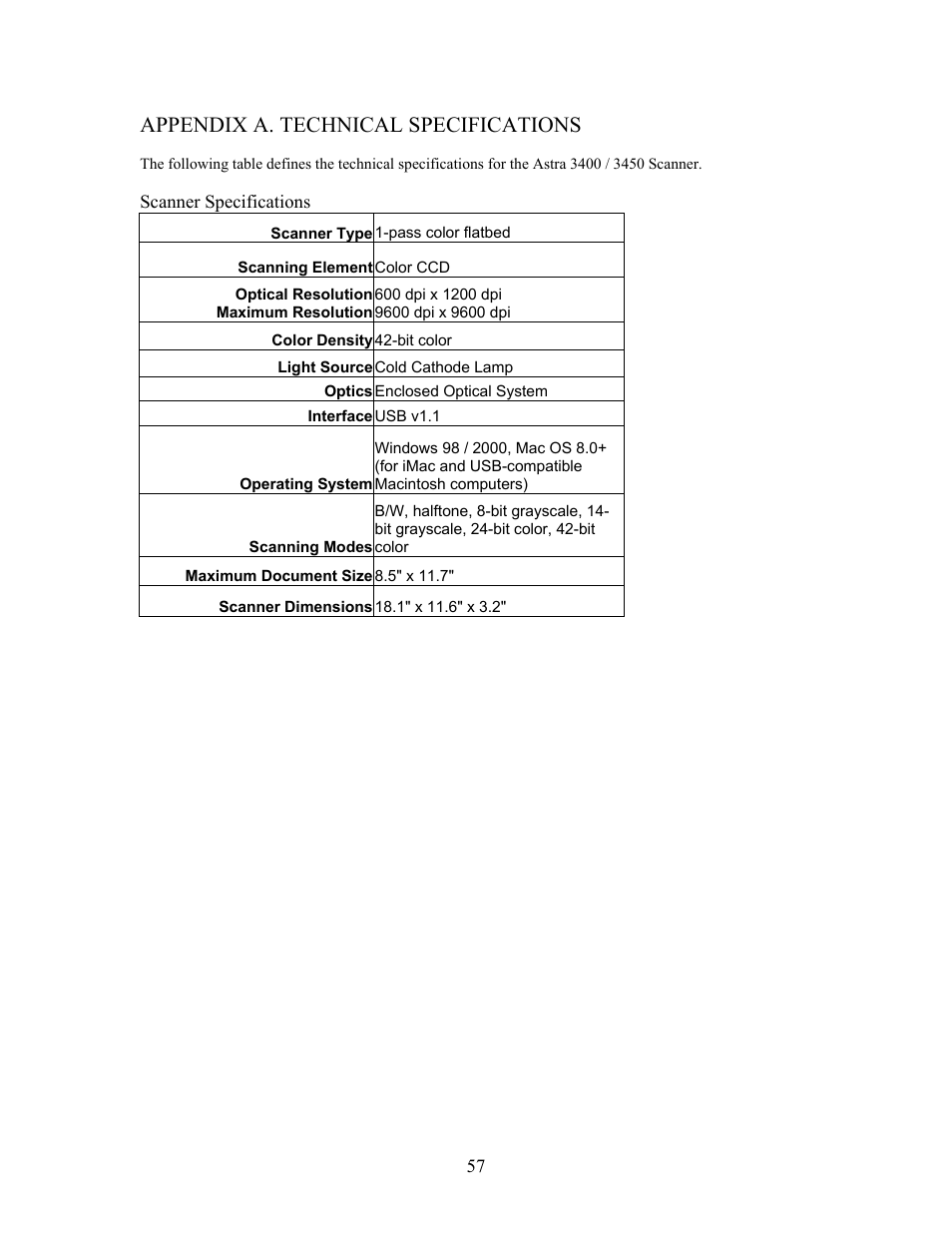 Appendix a. technical specifications | UMAX Technologies Astra 3400 User Manual | Page 57 / 57