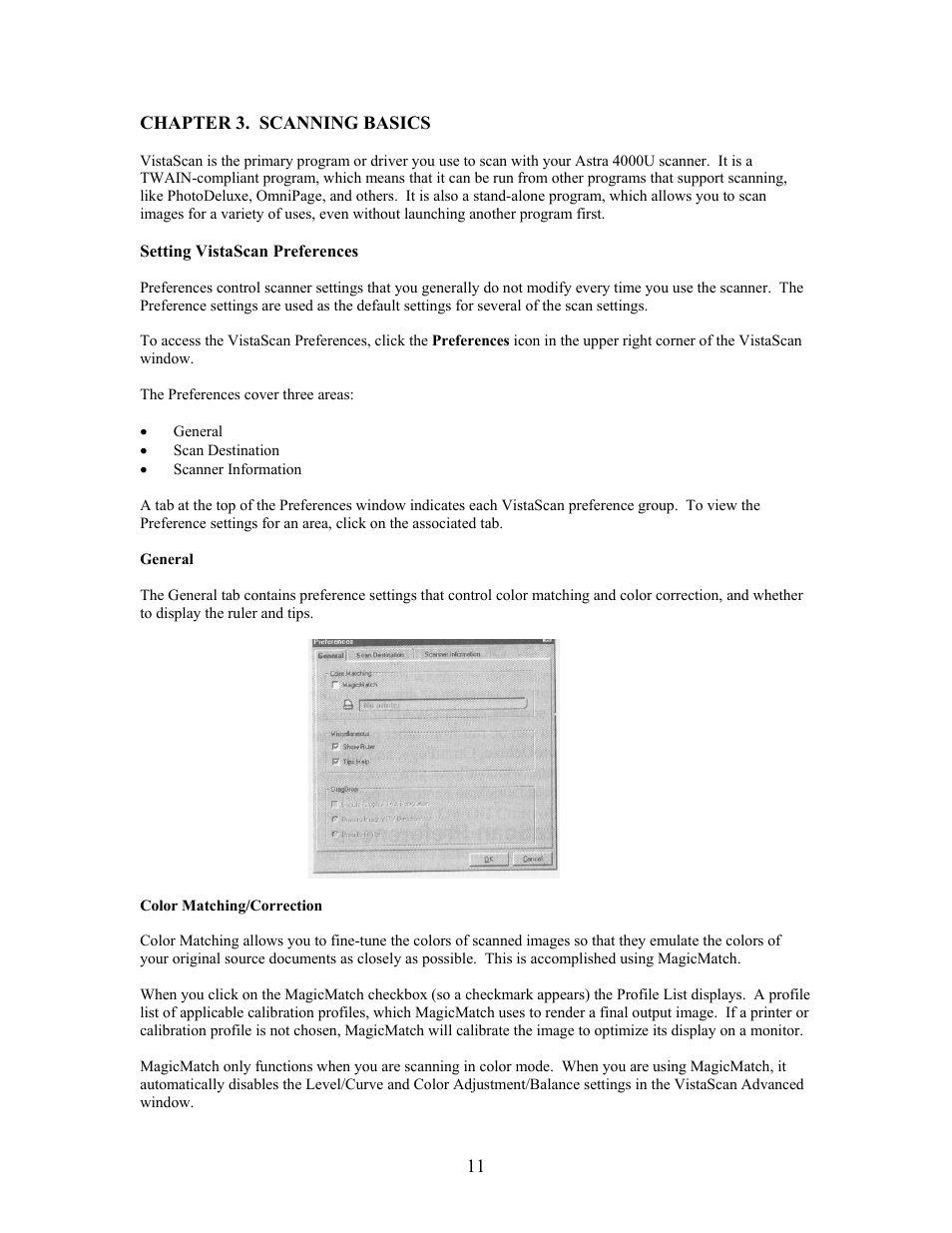 Chapter 3. scanning basics, Setting vistascan preferences, General | Color matching/correction | UMAX Technologies Astra 4000 User Manual | Page 11 / 47