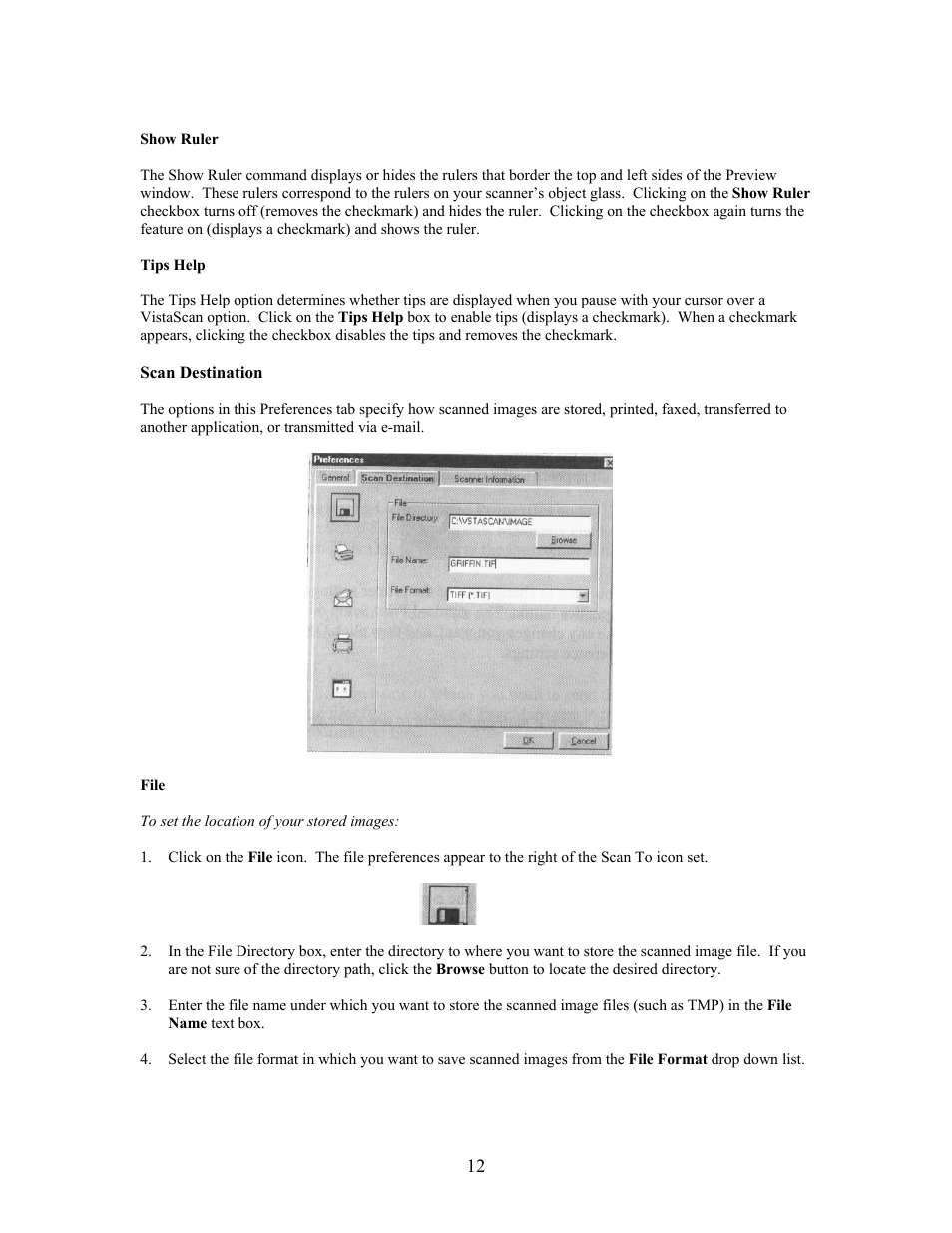 Show ruler, Tips help, Scan destination | File | UMAX Technologies Astra 4000 User Manual | Page 12 / 47