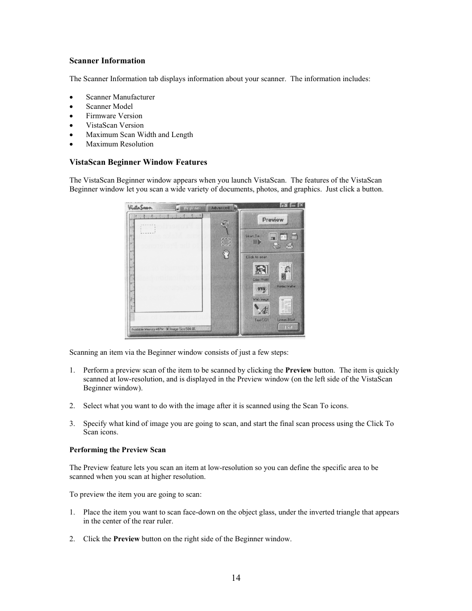 Scanner information, Vistascan beginner window features, Performing the preview scan | UMAX Technologies Astra 4000 User Manual | Page 14 / 47