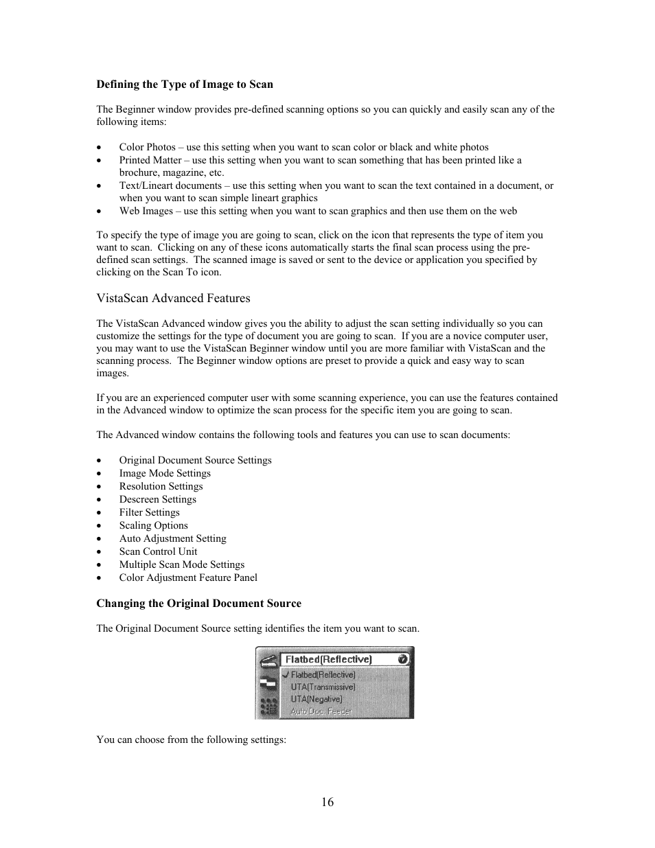 Defining the type of image to scan, Changing the original document source | UMAX Technologies Astra 4000 User Manual | Page 16 / 47
