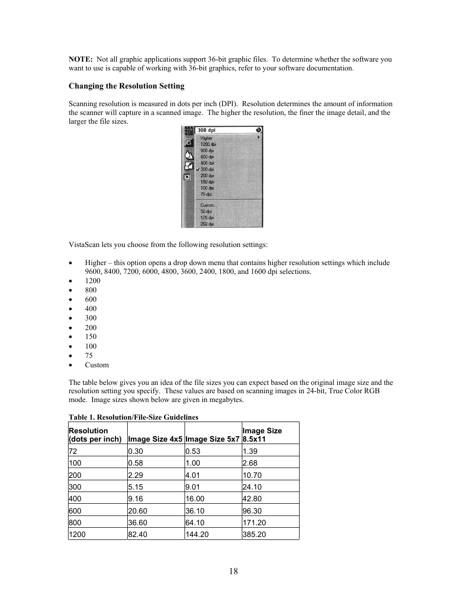 Changing the resolution setting, Table 1. resolution/file-size guidelines | UMAX Technologies Astra 4000 User Manual | Page 18 / 47