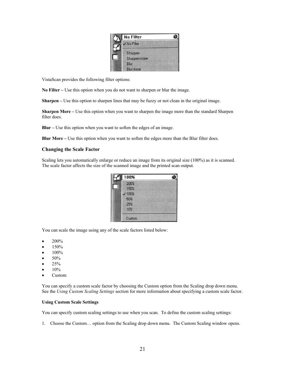 Changing the scale factor, Using custom scale settings | UMAX Technologies Astra 4000 User Manual | Page 21 / 47