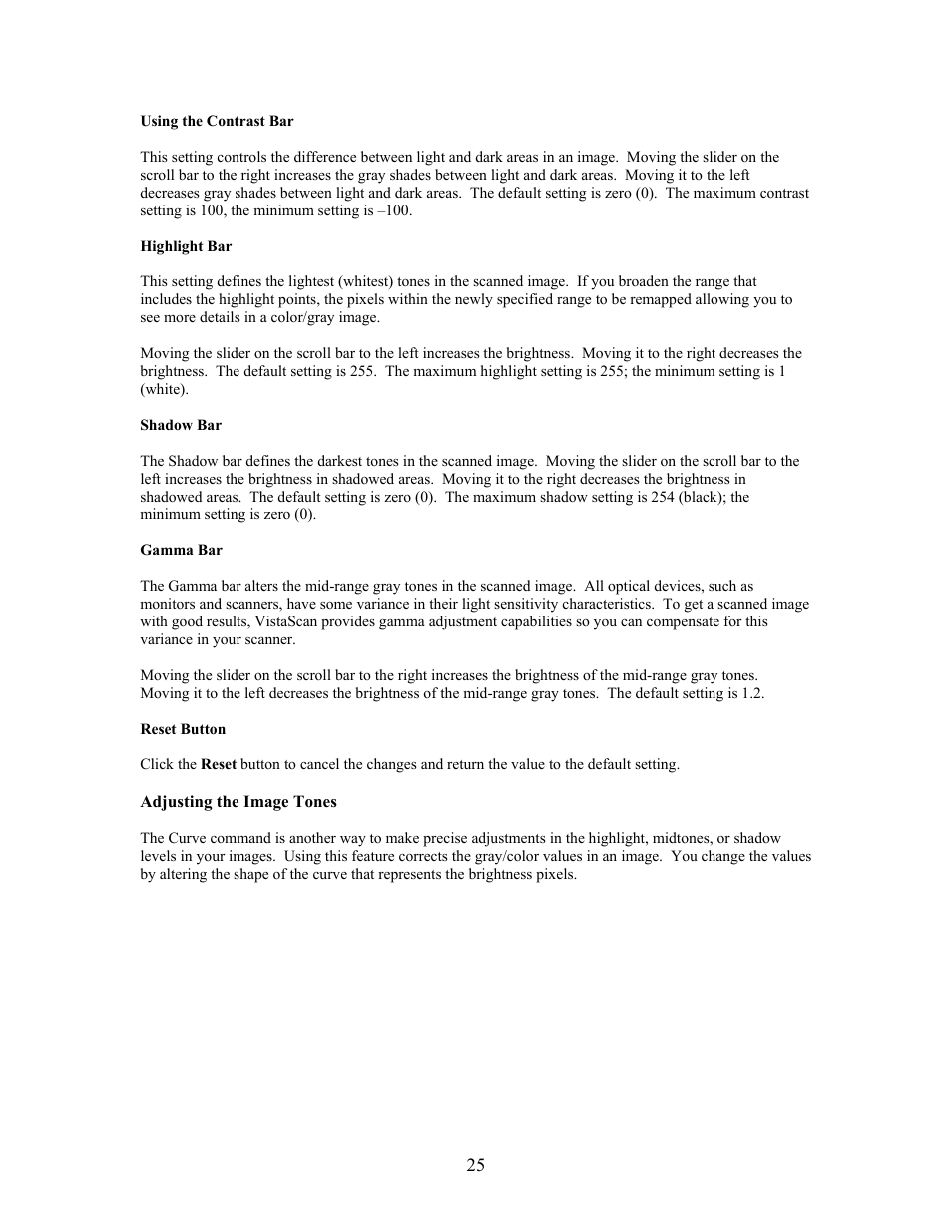 Using the contrast bar, Highlight bar, Shadow bar | Gamma bar, Reset button, Adjusting the image tones | UMAX Technologies Astra 4000 User Manual | Page 25 / 47