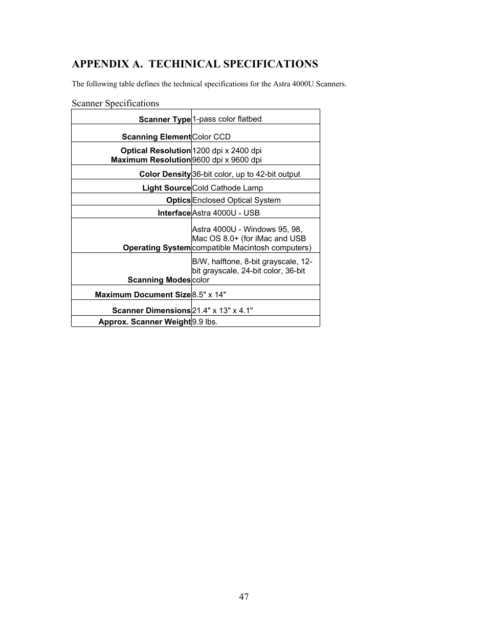 Appendix a. techinical specifications | UMAX Technologies Astra 4000 User Manual | Page 47 / 47