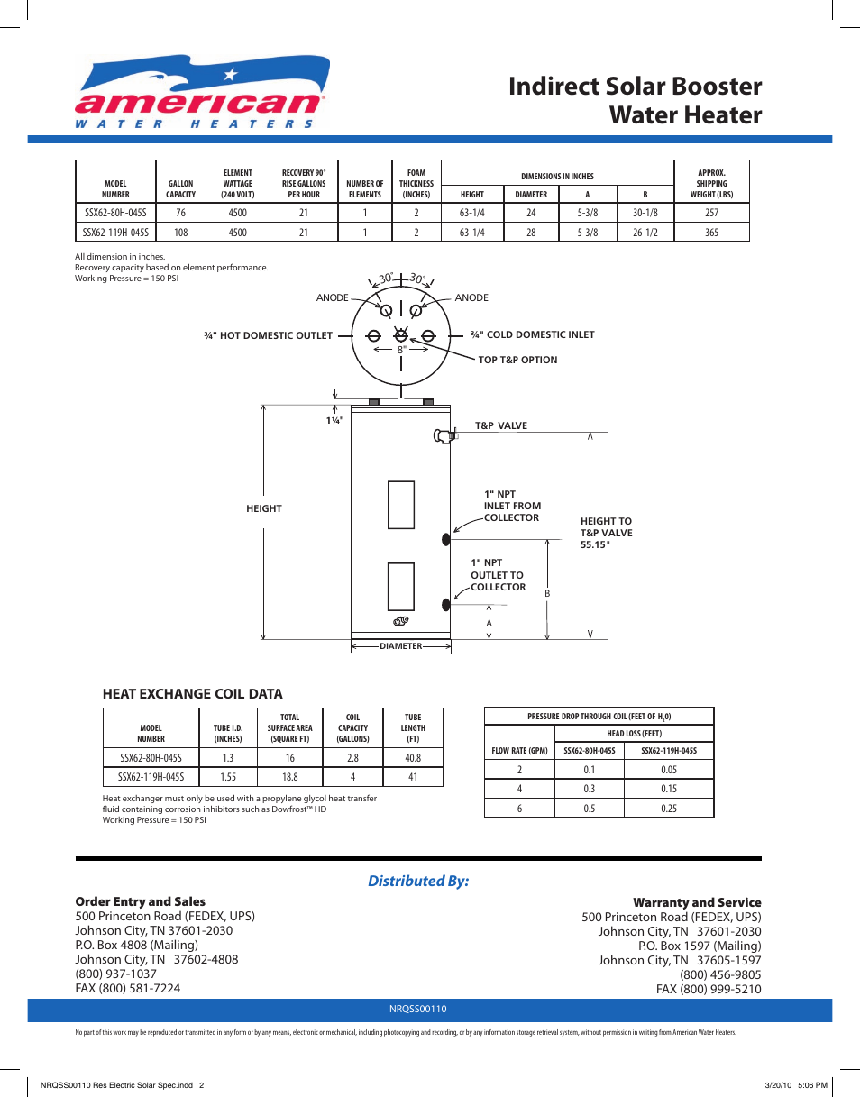 Indirect solar booster water heater, Distributed by, Heat exchange coil data | Univex NRQSS00110 User Manual | Page 2 / 2