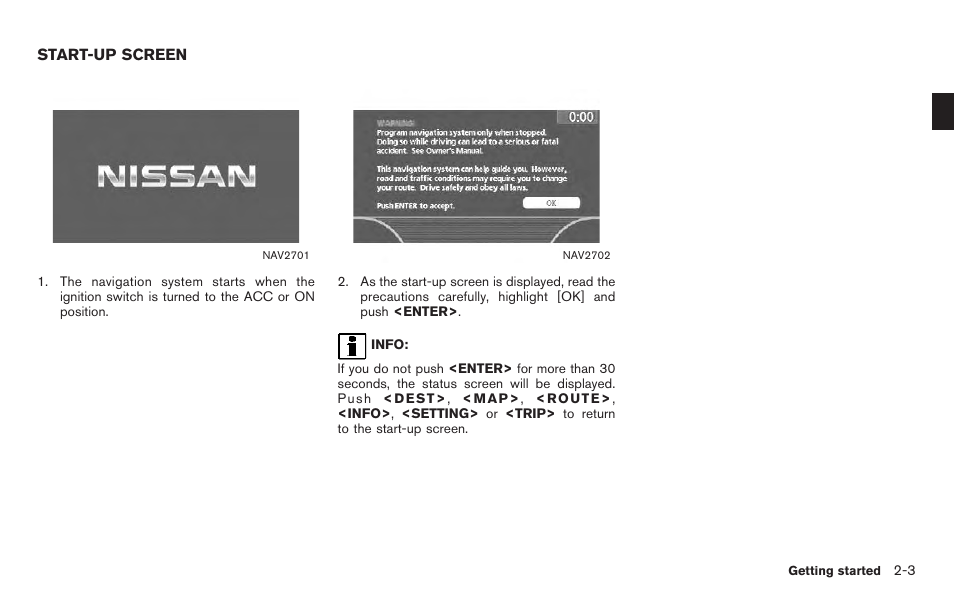 Start-up screen -3 | NISSAN 2011 Titan - Navigation System Owner's Manual User Manual | Page 11 / 251