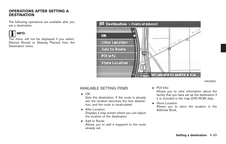 Operations after setting a destination -45, Available setting items -45 | NISSAN 2011 Titan - Navigation System Owner's Manual User Manual | Page 113 / 251