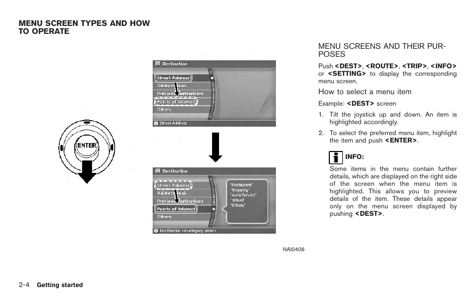 Menu screen types and how to operate -4, Menu screens and their purposes -4 | NISSAN 2011 Titan - Navigation System Owner's Manual User Manual | Page 12 / 251