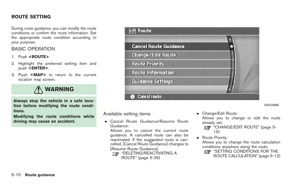 Route setting -10, Basic operation -10, Warning | NISSAN 2011 Titan - Navigation System Owner's Manual User Manual | Page 128 / 251