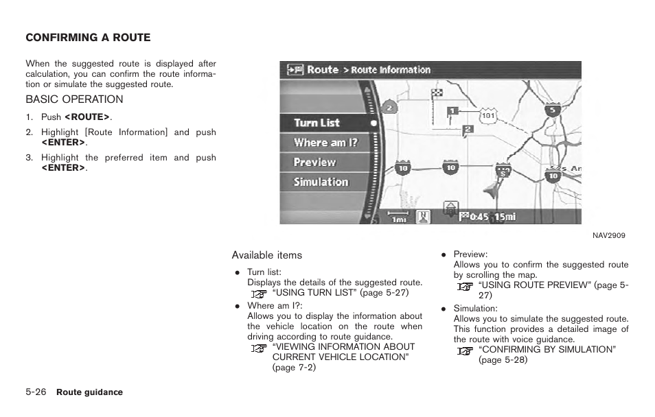 Confirming a route -26, Basic operation -26 | NISSAN 2011 Titan - Navigation System Owner's Manual User Manual | Page 144 / 251