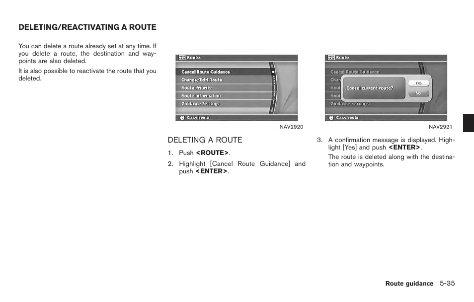 Deleting/reactivating a route -35, Deleting a route -35 | NISSAN 2011 Titan - Navigation System Owner's Manual User Manual | Page 153 / 251