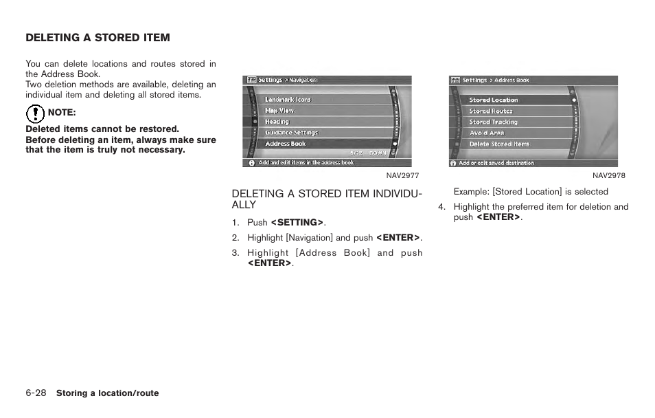 Deleting a stored item -28, Deleting a stored item individually -28 | NISSAN 2011 Titan - Navigation System Owner's Manual User Manual | Page 182 / 251